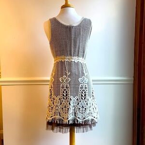Ryu for Anthropologie Sleeveless Crochet Dress w/ brown Toile Ruffle Slipdress